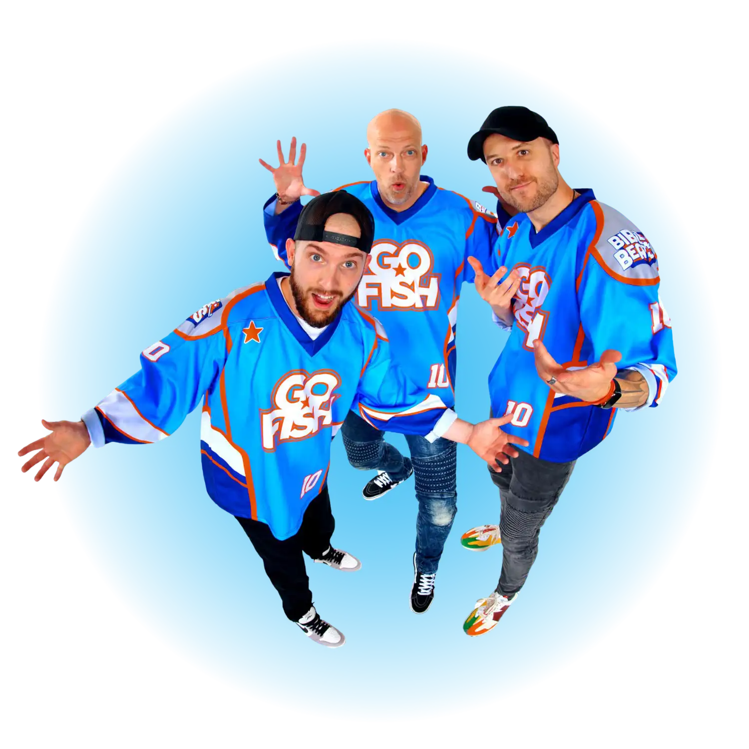 The three members of Go Fish in their signature blue jerseys